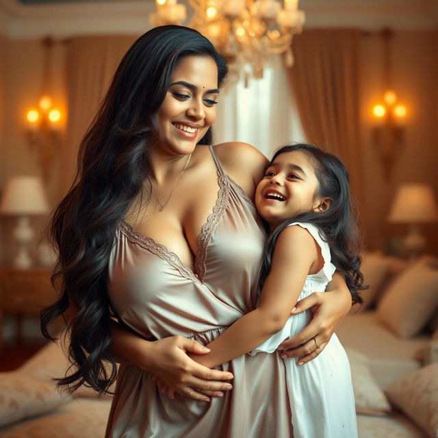A mature Indian mother with a curvy figure and deep cleavage is elegantly dressed in a flowing nighty
