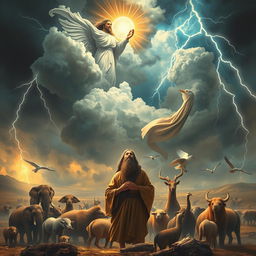 In a dramatically rendered biblical scene, God, depicted as a beautiful, radiant figure cloaked in flowing robes, gazes down from the clouds at a world filled with darkness, chaos, and malice