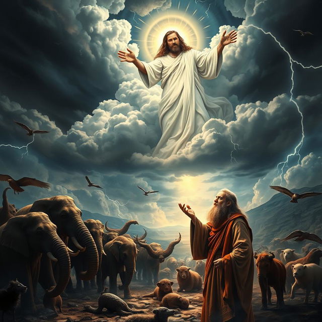 In a dramatically rendered biblical scene, God, depicted as a beautiful, radiant figure cloaked in flowing robes, gazes down from the clouds at a world filled with darkness, chaos, and malice