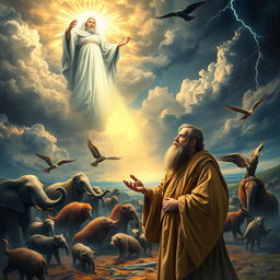 In a dramatically rendered biblical scene, God, depicted as a beautiful, radiant figure cloaked in flowing robes, gazes down from the clouds at a world filled with darkness, chaos, and malice