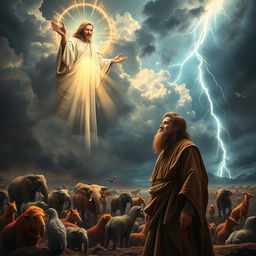 In a dramatically rendered biblical scene, God, depicted as a beautiful, radiant figure cloaked in flowing robes, gazes down from the clouds at a world filled with darkness, chaos, and malice