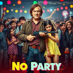 A vibrant and eye-catching movie poster design that captures the tension and humor of the situation