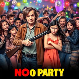 A vibrant and eye-catching movie poster design that captures the tension and humor of the situation