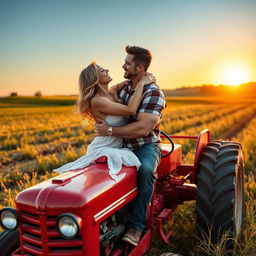 A vibrant outdoor scene featuring a man and a woman sharing a passionate embrace on a classic red tractor, surrounded by a picturesque rural landscape
