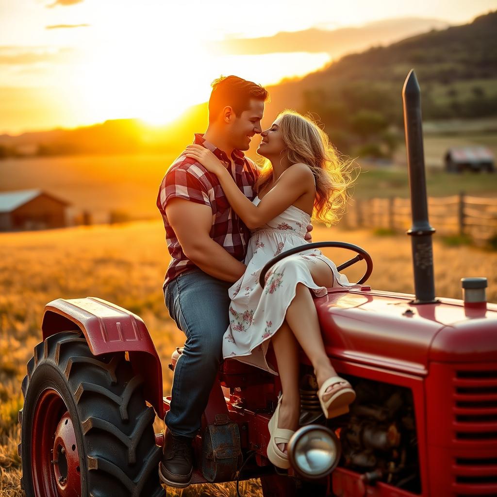 A vibrant outdoor scene featuring a man and a woman sharing a passionate embrace on a classic red tractor, surrounded by a picturesque rural landscape