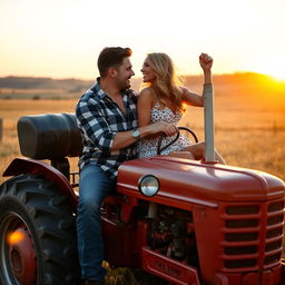 A vibrant outdoor scene featuring a man and a woman sharing a passionate embrace on a classic red tractor, surrounded by a picturesque rural landscape