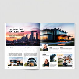 An elegant, modern architecture company portfolio showcasing premium designs featuring sleek buildings with glass and steel structures, eco-friendly elements like green roofs and solar panels