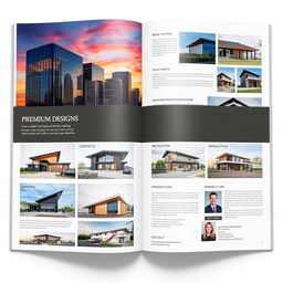 An elegant, modern architecture company portfolio showcasing premium designs featuring sleek buildings with glass and steel structures, eco-friendly elements like green roofs and solar panels