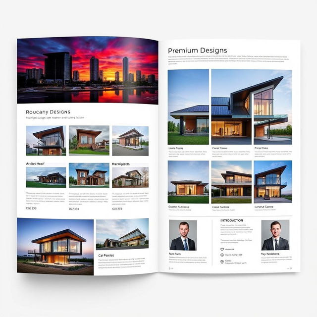 An elegant, modern architecture company portfolio showcasing premium designs featuring sleek buildings with glass and steel structures, eco-friendly elements like green roofs and solar panels