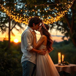 A romantic scene featuring a beautiful couple sharing a soft kiss under a canopy of twinkling fairy lights at sunset