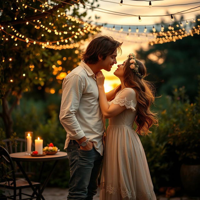 A romantic scene featuring a beautiful couple sharing a soft kiss under a canopy of twinkling fairy lights at sunset