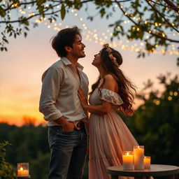 A romantic scene featuring a beautiful couple sharing a soft kiss under a canopy of twinkling fairy lights at sunset