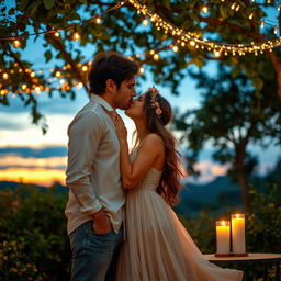 A romantic scene featuring a beautiful couple sharing a soft kiss under a canopy of twinkling fairy lights at sunset