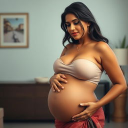 A beautiful, curvy Indian woman with a deep cleavage, showcasing her pregnancy in an artistic manner