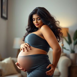 A beautiful, curvy Indian woman with a deep cleavage, showcasing her pregnancy in an artistic manner