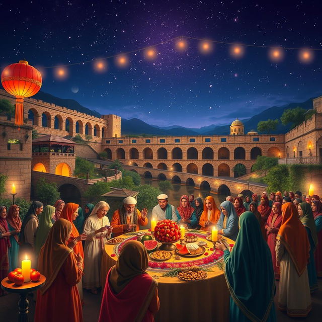 An enchanting scene depicting Shab-e Yalda celebration in the historical city of Shushtar, Iran