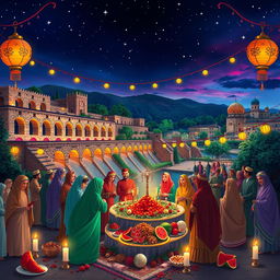 An enchanting scene depicting Shab-e Yalda celebration in the historical city of Shushtar, Iran