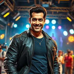 A dynamic artistic portrayal of a charismatic male Bollywood actor, inspired by Salman Khan's iconic image