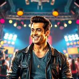 A dynamic artistic portrayal of a charismatic male Bollywood actor, inspired by Salman Khan's iconic image
