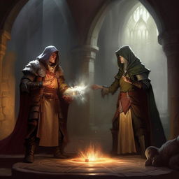 A Dungeons & Dragons game setup where the scene includes a cleric and a rogue, both ready to embark on their quest. The cleric radiates holy energy, while the rogue lurks in the shadows, nimble and quick.