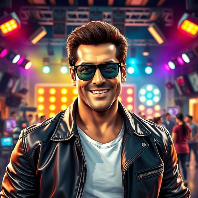 A dynamic artistic portrayal of a charismatic male Bollywood actor, inspired by Salman Khan's iconic image