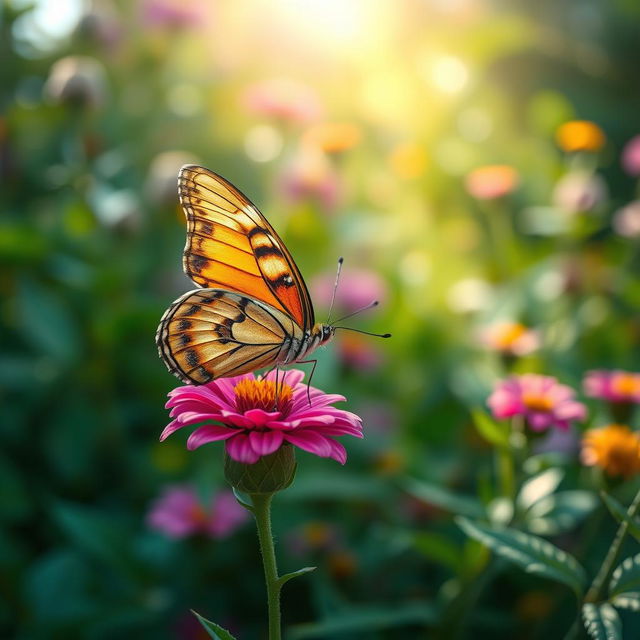 A realistic butterfly perched delicately on a vibrant flower in a lush green garden, captured in a stunning natural setting