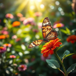 A realistic butterfly perched delicately on a vibrant flower in a lush green garden, captured in a stunning natural setting