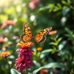 A realistic butterfly perched delicately on a vibrant flower in a lush green garden, captured in a stunning natural setting