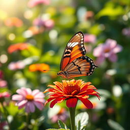 A realistic butterfly perched delicately on a vibrant flower in a lush green garden, captured in a stunning natural setting