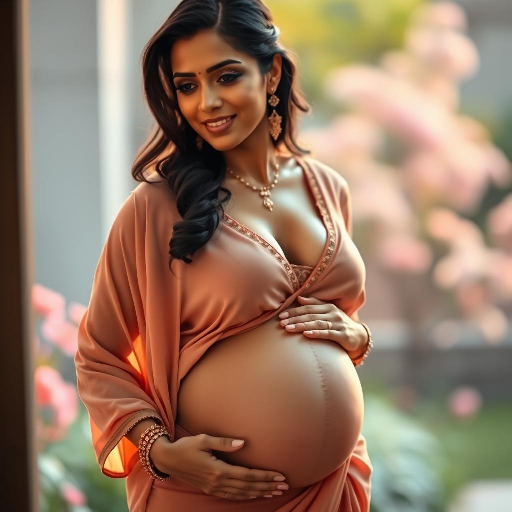 A stunning Indian woman with a curvy figure and prominent deep cleavage, showcasing her radiant beauty and pregnancy glow