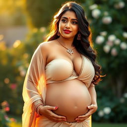 A stunning Indian woman with a curvy figure and prominent deep cleavage, showcasing her radiant beauty and pregnancy glow