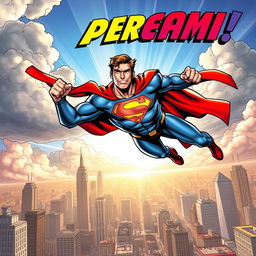 A dynamic comic book cover featuring a heroic superhero in a powerful action pose