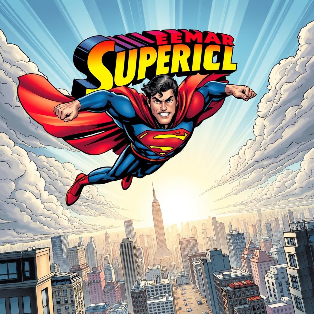 A dynamic comic book cover featuring a heroic superhero in a powerful action pose