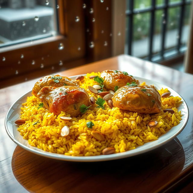 A beautifully decorated plate of chicken mandi served with fragrant yellow rice, garnished with roasted almonds and fresh herbs, surrounded by a cozy indoor setting with rain falling outside the window, creating a warm and inviting atmosphere