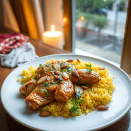 A beautifully decorated plate of chicken mandi served with fragrant yellow rice, garnished with roasted almonds and fresh herbs, surrounded by a cozy indoor setting with rain falling outside the window, creating a warm and inviting atmosphere