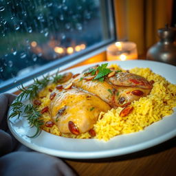 A beautifully decorated plate of chicken mandi served with fragrant yellow rice, garnished with roasted almonds and fresh herbs, surrounded by a cozy indoor setting with rain falling outside the window, creating a warm and inviting atmosphere