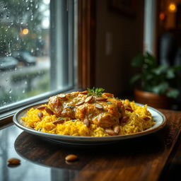 A beautifully decorated plate of chicken mandi served with fragrant yellow rice, garnished with roasted almonds and fresh herbs, surrounded by a cozy indoor setting with rain falling outside the window, creating a warm and inviting atmosphere