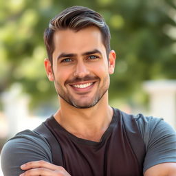 A handsome American man in his 40s, with striking features, wearing a casual yet stylish outfit
