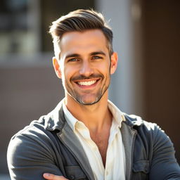 A handsome American man in his 40s, with striking features, wearing a casual yet stylish outfit