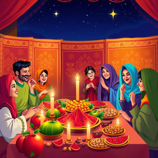 A vibrant digital artwork concept for Yalda Night, depicting a traditional Persian celebration