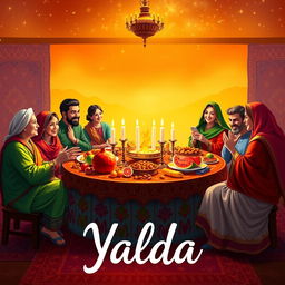 A vibrant digital artwork concept for Yalda Night, depicting a traditional Persian celebration