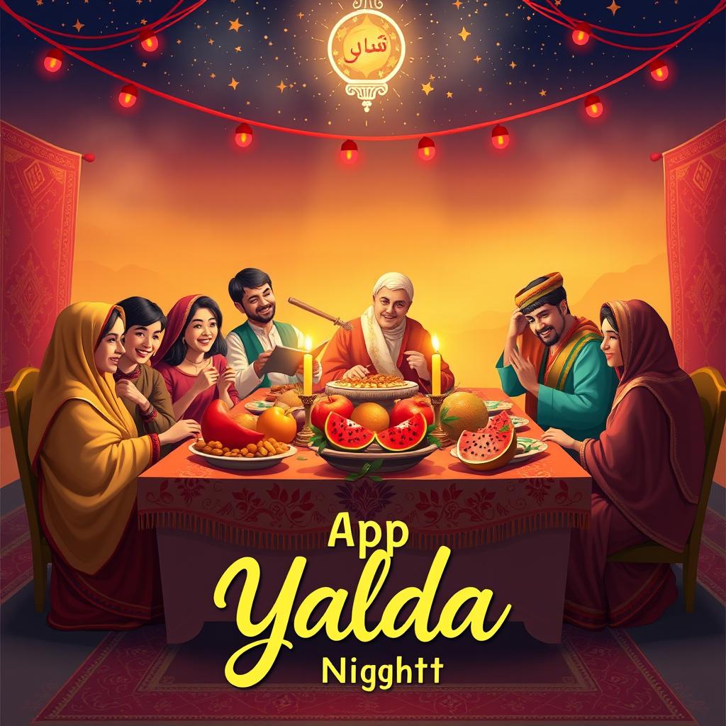 A vibrant digital artwork concept for Yalda Night, depicting a traditional Persian celebration