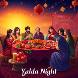 A vibrant digital artwork concept for Yalda Night, depicting a traditional Persian celebration