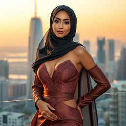 A beautiful Middle-Eastern woman stylishly dressed in a sexy, elegant dress that gracefully complements her hijab