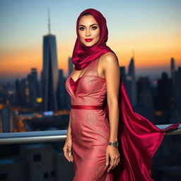 A beautiful Middle-Eastern woman stylishly dressed in a sexy, elegant dress that gracefully complements her hijab