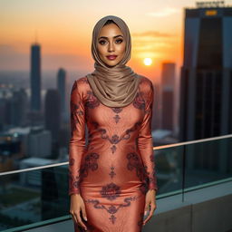 A beautiful Middle-Eastern woman stylishly dressed in a sexy, elegant dress that gracefully complements her hijab