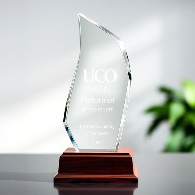 A beautifully designed trophy with a sleek, modern shape, prominently displaying the engraved words 'UCO Bank Performer of the Month'