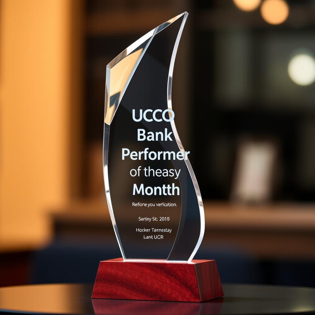 A beautifully designed trophy with a sleek, modern shape, prominently displaying the engraved words 'UCO Bank Performer of the Month'