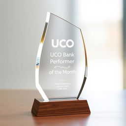 A beautifully designed trophy with a sleek, modern shape, prominently displaying the engraved words 'UCO Bank Performer of the Month'