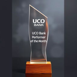 A beautifully designed trophy with a sleek, modern shape, prominently displaying the engraved words 'UCO Bank Performer of the Month'